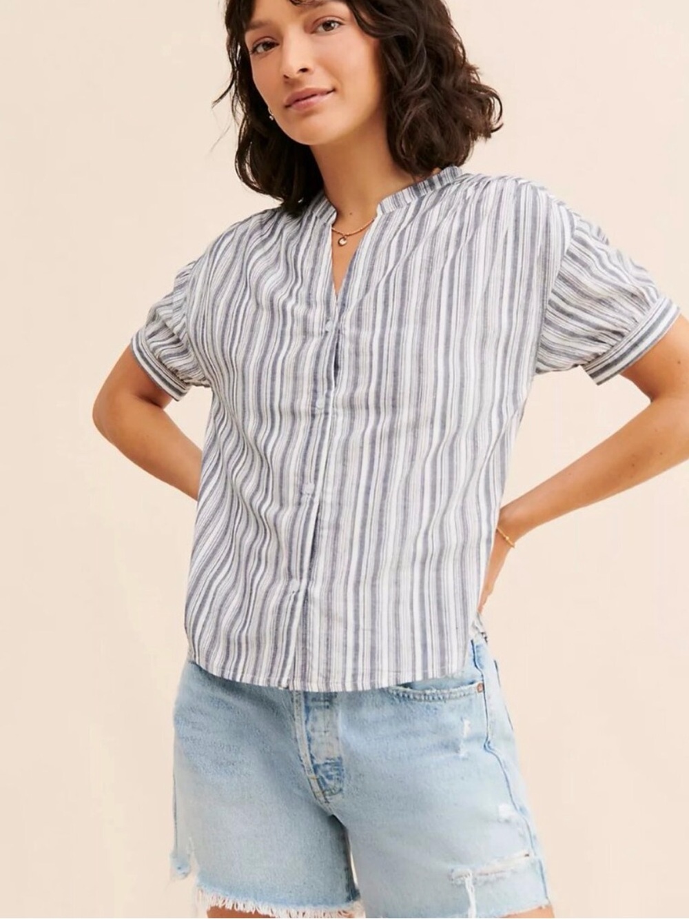 Greylin for Anthropologie Striped Short Sleeve Button Up Blouse Size Medium